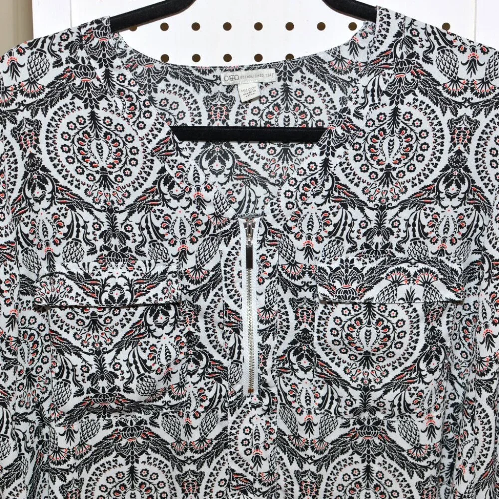 Plus Size Cato 18/20 Black, White & Red High-Low Blouse With Roll Tab Sleeves - Picture 4 of 11